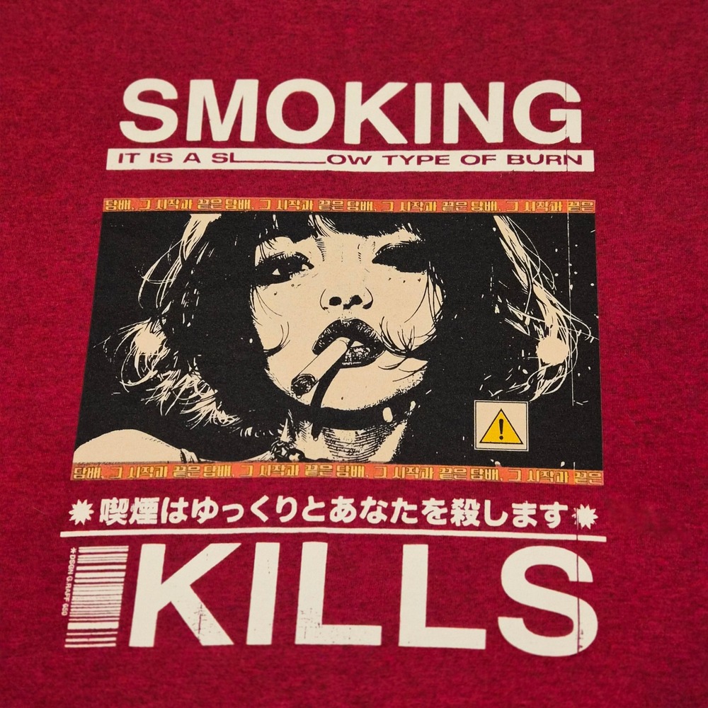 Gildan Heavy Cotton Smoking Kills Anime Graphic T-Shirt Maroon Red Mens Medium